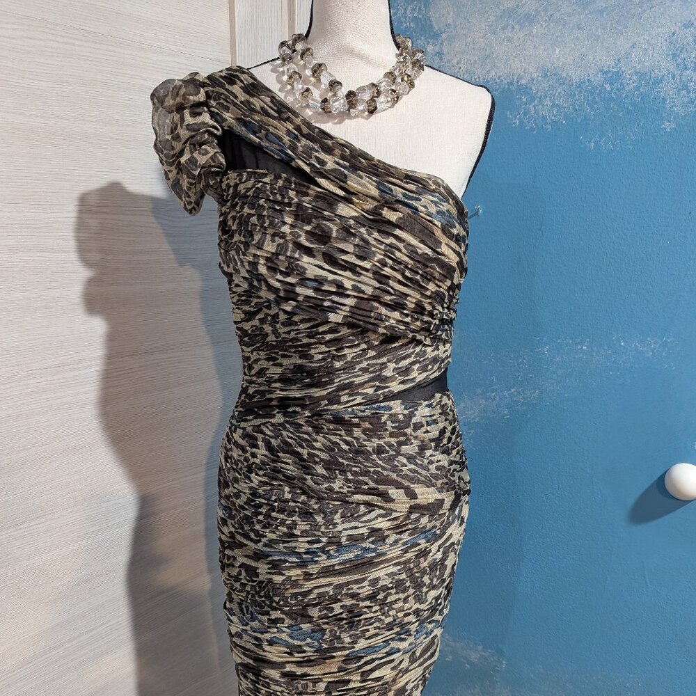 Vintage CACHE Elegant One-Shoulder Animal Print Dress, size 8.